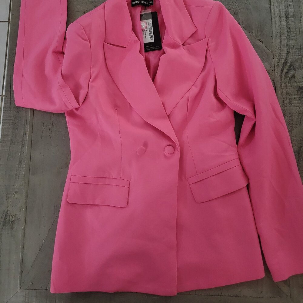 prettylittlething woven pocket detail double breasted blazer BRIGHT PINK US 10